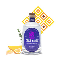 Botella de mezcal Espadín Joven de Casa Xamu acompañada de gajos de mandarina y naranja, rebanada de mango y hojas de laurel. Fondo con textura de rombos en colores que representan los sabores sensoriales: frutal, especiado y mineral.