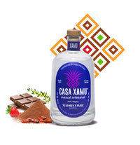 Botella de mezcal Madrecuishe de Casa Xamu acompañada de arcilla y una rama de tomillo. Fondo con textura de rombos en colores que representan los sabores sensoriales: terroso, especiado, herbal, amaderado y picante.