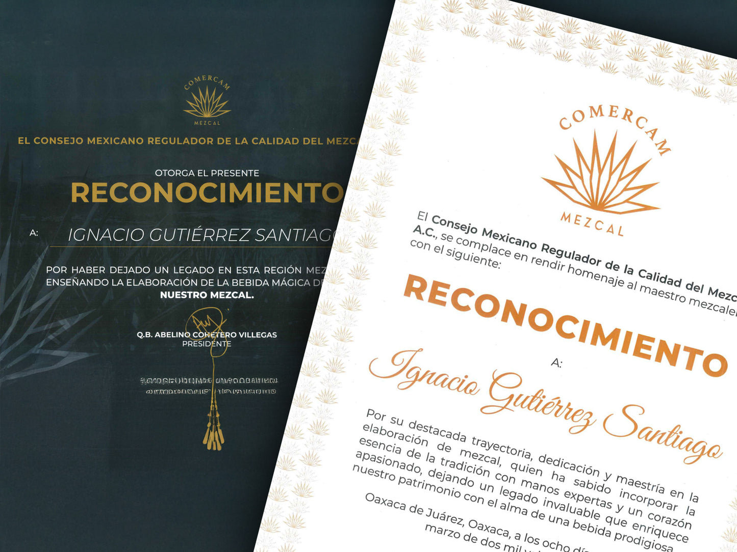 Reconocimientos otorgados por la COMERCAM a Ignacio Gutiérrez Santiago por su excelencia y compromiso con la cultura del mezcal.