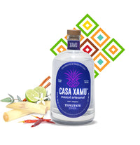 Botella de mezcal Tepeztate de Casa Xamu acompañada de palo santo, limón, chile seco rojo y hojas de eucalipto. Fondo con textura de rombos en colores que representan los sabores sensoriales: herbal, especiado, mentolado, picante, frutal y mineral.