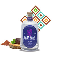 Botella de mezcal Tobalá Joven de Casa Xamu acompañada de un pedazo de madera, un puño de arcilla, chocolate, hierbabuena y ojarasca. Fondo con textura de rombos en colores que representan los sabores sensoriales: terroso, cacao, mentolado, frutal y especiado.